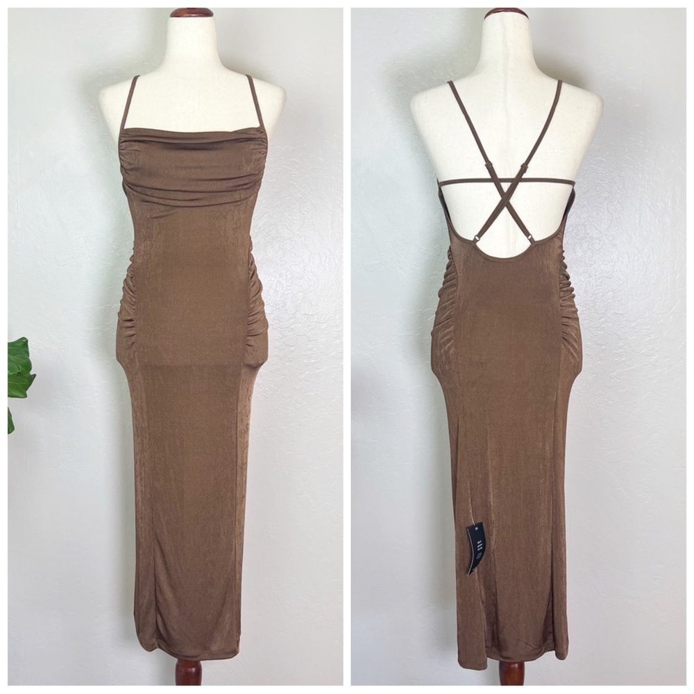 •NA-KD X Lauren Lewis• Open Back Bodycon‎ Midi Jersey Dress in Brown Size S